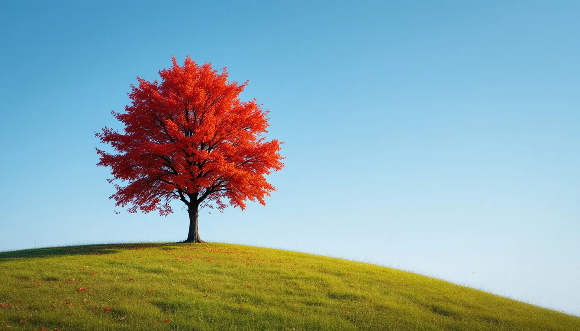 A single scarlet maple on a green hilltop under a clear blue sky